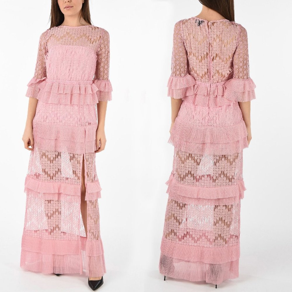 JUST CAVALLI BY ROBERTO CAVALLI DRESS PINK LACE GOWN PLEATED FLOUNCE